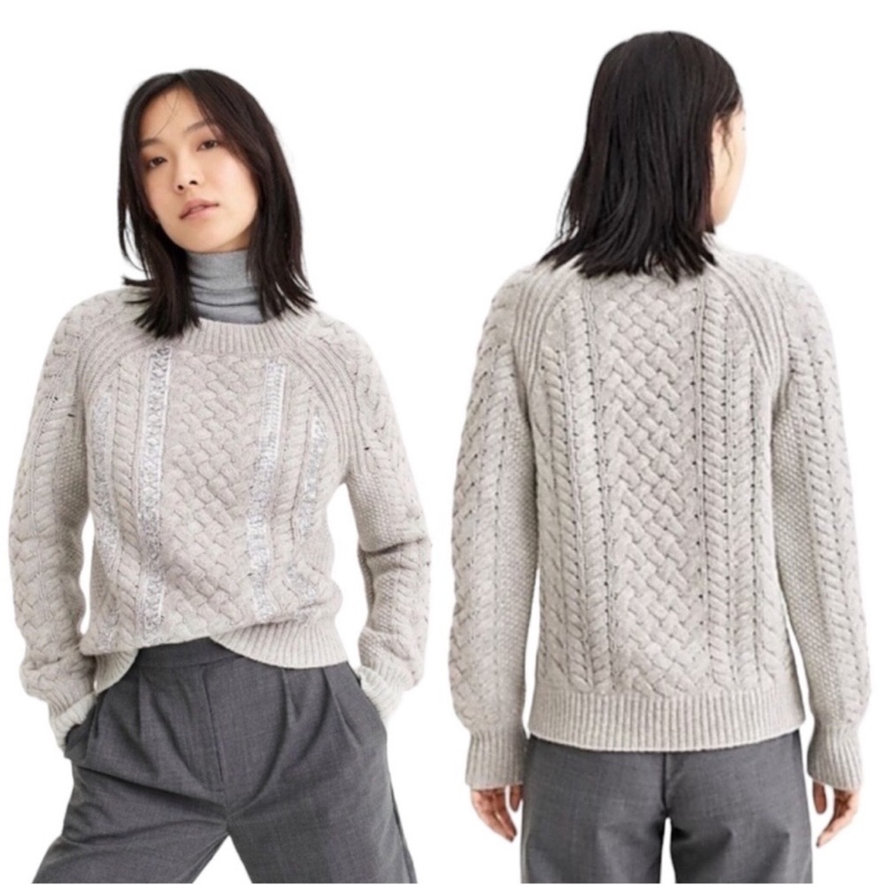 J.Crew Fisherman Cable Knit Sequin Grey Wool Blend Sweater size Small